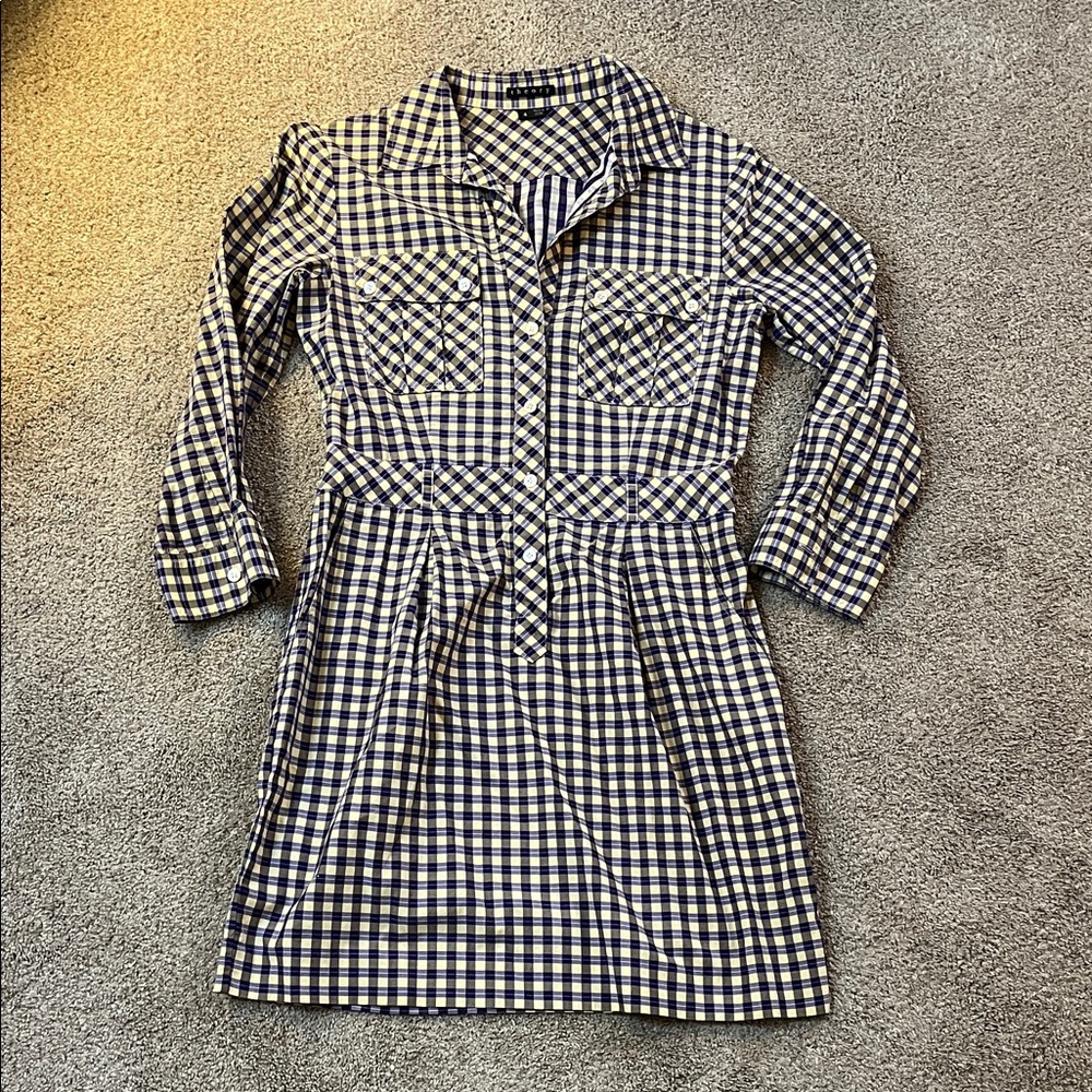 Theory sz4 Purple Yellow Plaid 100% Cotton Shirtdress Unlined Collared POCKETS!